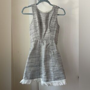 Elegant Gray and White Tweed Sleeveless Dress with Fringe